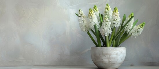 Poster - white grape hyacinths in a vessel. copy space image. place for adding text and design