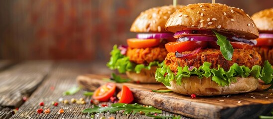 Wall Mural - Closeup of homemade vegetarian aloo tikki burgers on a wooden surface. Copy space image. Place for adding text and design