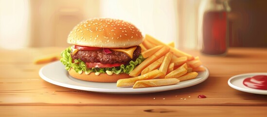 Canvas Print - Beef burger served with french fries and salad on a plate. Copy space image. Place for adding text and design