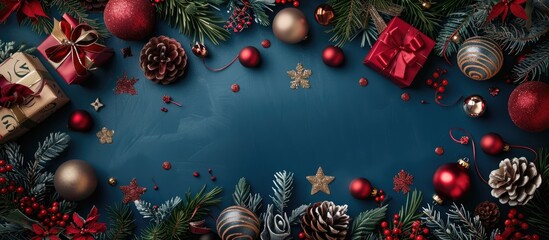 Sticker - Christmas flat lay concept featuring decorative ornaments balls stars gift boxes and fir leaves arranged as a backdrop. Copy space image. Place for adding text and design