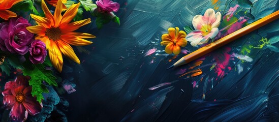 Canvas Print - Vibrant artistic bouquet featuring a pencil and blossoms. Copy space image. Place for adding text and design