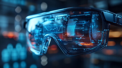 Poster - Futuristic augmented reality glasses displaying digital data in a modern tech environment