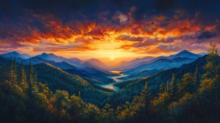 Wall Mural - smoky mountain sunset with generative ai