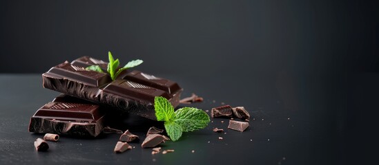 Sticker - A large piece of bitter chocolate with mint on a glossy black background Copy space