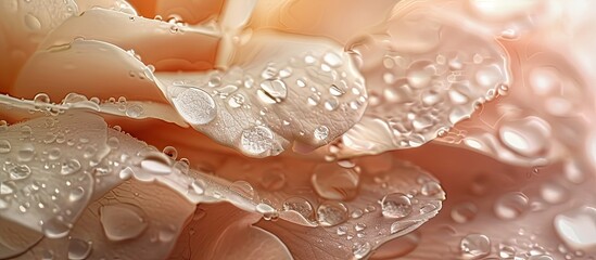 Wall Mural - Soft backdrop of water droplets and bokeh on beige and pink English rose petals in pastel shades macro. Copy space image. Place for adding text and design