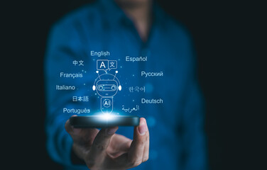 AI-Powered Language Translate App Concept. A person holds smartphone displaying an AI powered language translation app. Screen features robot and multiple languages, symbolizing global communication.