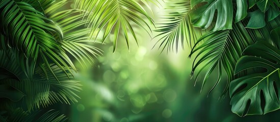 Poster - Palm leaves in the rainforest Gorgeous tropical backdrop Web banner. Copy space image. Place for adding text and design