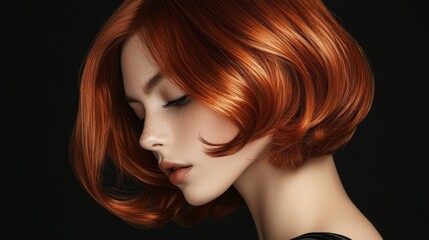Poster - A woman with striking auburn hair is gracefully posed against a black backdrop, emphasizing her features and hairstyle.