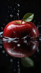 Red apple with water splash in dark background