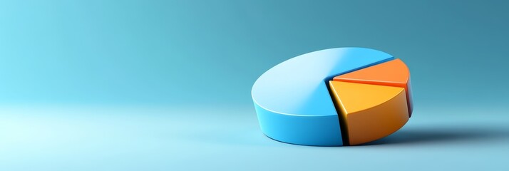 Poster - 3D Pie Chart with Blue and Orange Sections on Blue Background - A 3D pie chart with three sections, two blue and one orange, representing data, analysis, percentages, and business strategy.