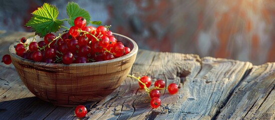 Sticker - Gardening and agriculture Ripe red currants in a wooden bowl on a weathered wooden surface Berry harvest Summer day sunlight Background image copyspace