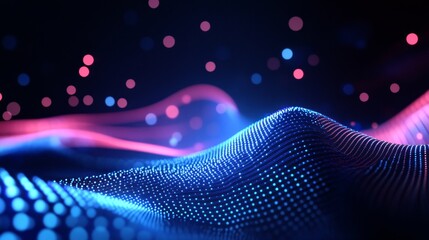 Poster - abstract blue and pink digital wave with glowing particles - a digital landscape with a blue wave, p