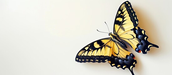 Poster - copy space featuring a stunning yellow swallowtail butterfly resting on white wallpaper with its win