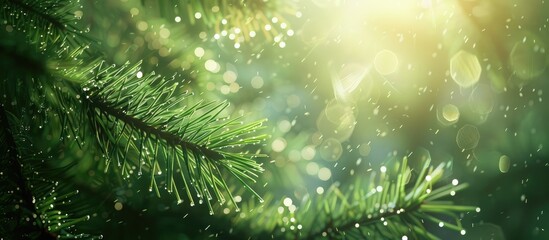 Canvas Print - Forest nature backdrop Dew on pine needles shines in the sunlight with copyspace