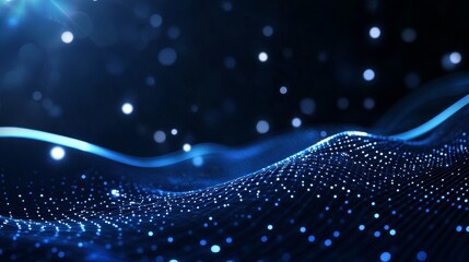 Poster - Abstract Blue Digital Wave Background - This abstract image depicts a blue digital wave with glowing particles, symbolizing technology, innovation, progress, data flow, and connectivity.
