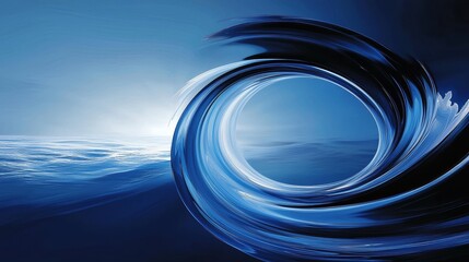 Poster - abstract blue wave swirling into a circle with sea horizon background - this abstract image showcase