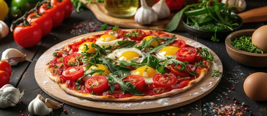 Wall Mural - A selection of vegetables on a wooden rustic background featuring copyspace on a round pizza board Fresh vegetable assortment includes egg tomatoes pepper lettuce onion and garlic Ingredients for piz