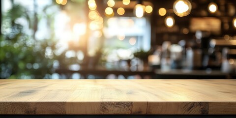 Wall Mural - Wooden Tabletop with Blurred Cafe Background