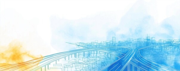 Road network blueprint, city development project, watercolor style