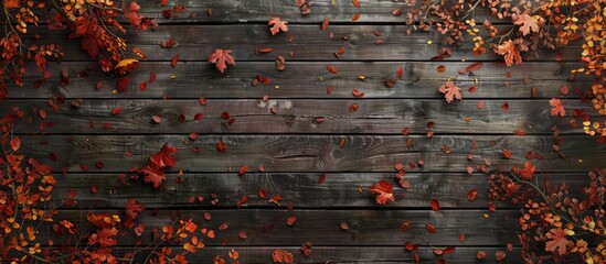 Sticker - Autumn leaves on wooden planks autumn backdrop. Copy space image. Place for adding text and design