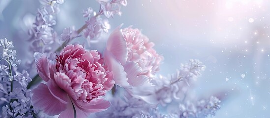 Poster - Peony and wildflower arrangement on a white and lilac backdrop. Copy space image. Place for adding text and design