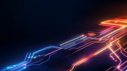 Poster - Abstract Futuristic Circuit Board with Glowing Neon Lights - This image depicts a futuristic circuit board with glowing neon lights, symbolizing innovation, technology, connectivity, progress, and the