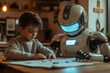 © syhin_stas - A boy does his schoolwork at his desk while a futuristic robot tutor watches him and provides assistance.