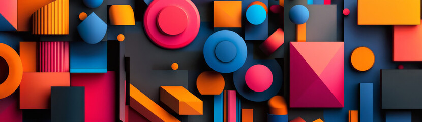 Poster - Abstract Geometric Shapes Background - Colorful 3D Design - A vibrant and abstract background featuring a dynamic arrangement of geometric shapes in 3D, including circles, squares, rectangles, and pyr