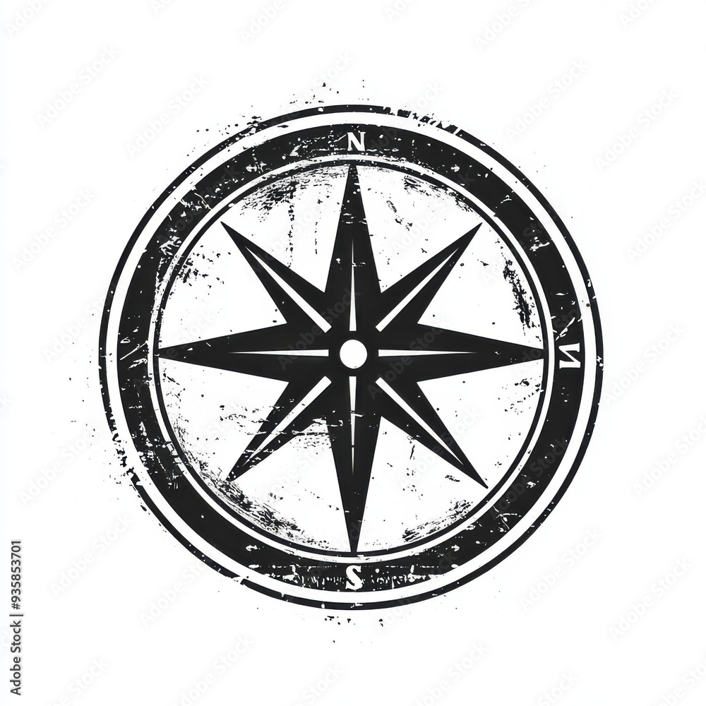 Black and white flat vector art illustration of a compass rose in a ...