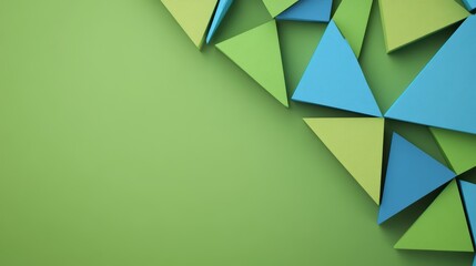 Poster - Abstract Green and Blue Triangle Pattern on Green Background - Abstract geometric background with overlapping green and blue triangles, symbolizing growth, innovation, creativity, balance, and unity.
