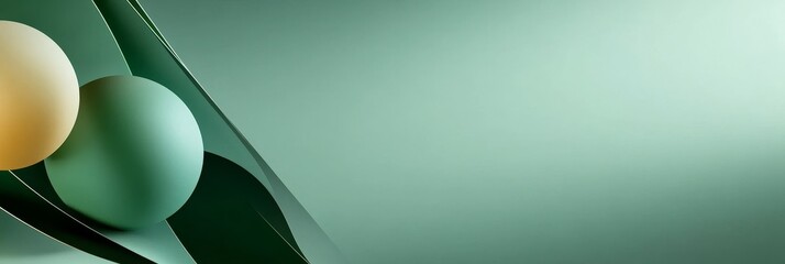 Poster - Abstract Green and Yellow Sphere Background with Copy Space - Two spheres, one green and one yellow, are nestled in a folded green background.  This minimalist abstract composition offers plenty of co