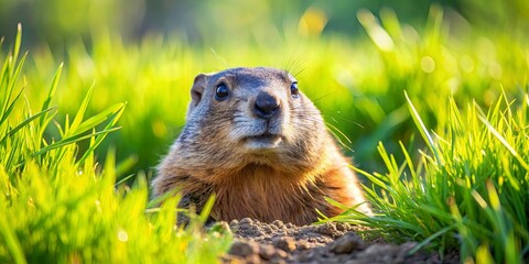 Groundhog emerging from burrow in vibrant green grass on a sunny spring day