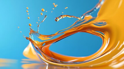 Poster - Abstract Orange Liquid Splash on Blue Background - A vibrant orange liquid splash creates a dynamic and abstract shape against a serene blue background, symbolizing energy, freshness, movement, creati