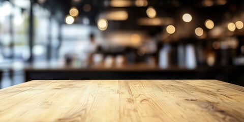 Wall Mural - Wooden Table in Blurred Cafe Setting