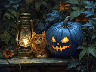 Wall Mural - This spooky Halloween scene in the dark autumn scene includes a pumpkin and a zombie cat (both with lanterns)