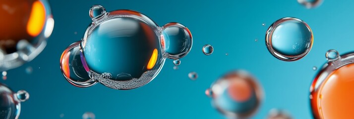 Poster - Abstract Water Droplets on Blue Background - A captivating image showcasing a collection of water droplets suspended against a vibrant blue backdrop. The droplets, illuminated by a soft, ethereal ligh