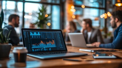 Aufkleber - A business gathering in a trendy office space, emphasizing their discussion on a laptop displaying complex financial graphs, showing the integration of technology in modern business.