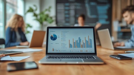 Aufkleber - A focused business meeting in a modern office with a laptop displaying various financial charts and graphs, highlighted on a wooden table among discussions and papers.