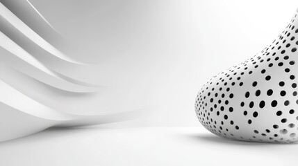 Poster - Abstract White Interior with Perforated Sphere - A minimalist 3D rendering of a white interior space featuring a smooth, curved wall and a perforated sphere with black dots, symbolizing modern design,
