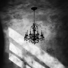 Poster - A classic black chandelier with elegant, intricate details casts beautiful and dramatic shadows onto a wall, creating a stunning visual effect and a timeless, sophisticated ambiance indoors.