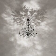 Poster - An elegant and detailed chandelier with intricate designs casts complex and artistic shadows on the ceiling, creating a stunning play of light and shadow in a classic, sophisticated setting.