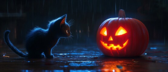 Wall Mural - Stunning Halloween pumpkin and mystifying black zombie kitten in a dark moody ambience