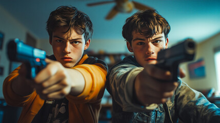 Two young men, one with short brown hair and an orange jacket, the other holding a blue pistol, compete in a remote control battle royale.