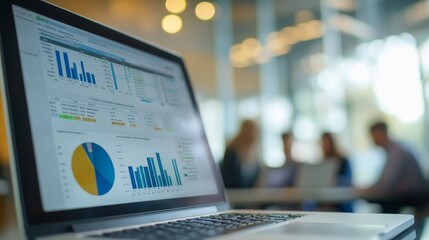 Poster - A business setting with a laptop prominently displaying various statistical graphs, with blurry individuals in the background engaged in a focused business discussion, teamwork, and strategy planning