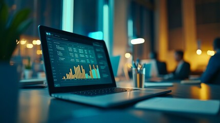 Poster - A modern office desk features a laptop displaying colorful bar charts on its screen, representing data analysis and business performance tracking in a professional setting.