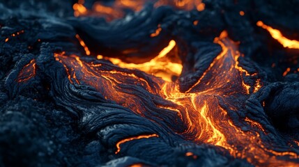 Poster - A high-definition close-up shot of flowing lava with vibrant, bright orange and dark black textures, illustrating the intense heat, molten rock, and raw power of volcanic activity.