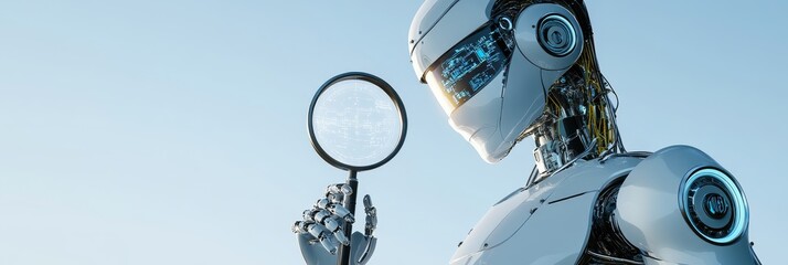 Poster - AI Robot Holding Magnifying Glass - Technology & Innovation Concept - A futuristic robot with a magnifying glass, symbolizing artificial intelligence, technological advancement, precision, observation