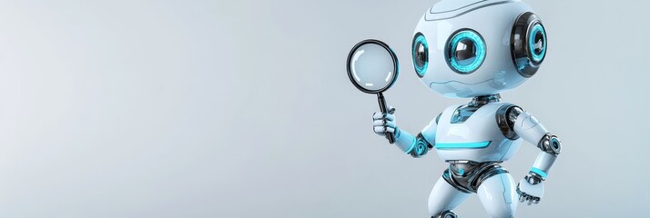 Poster - ai robot holding magnifying glass for search, investigation, and discovery - a friendly ai robot hol