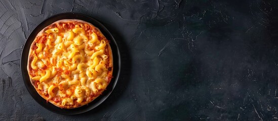 Canvas Print - Trendy hybrid food Mac and cheese pizza on a dark background Top view copyspace