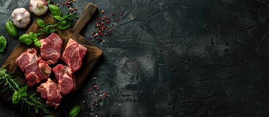 Wall Mural - Cutting board with meat and garlic. Copy space image. Place for adding text and design